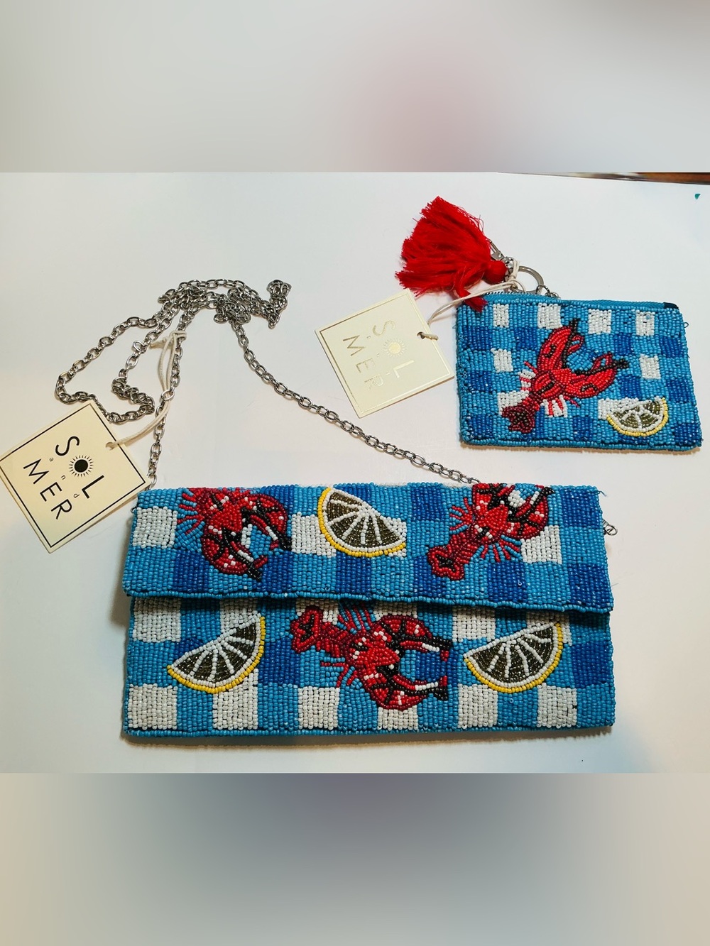 * Beaded Crossbody Bag with Red Lobster & Lemon Motif & Matching Zippered Pouch